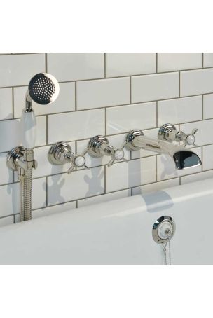 Aysgarth 5-Hole - Wall Mounted - Bath Shower Mixer - X Top - Polished Nickel