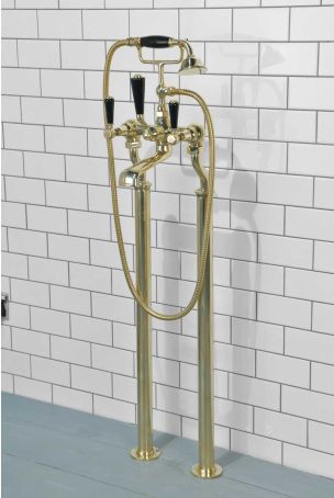 Linton Bath Shower Mixer with Standpipes Black Lever Polished Brass 3/4BSP