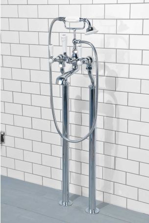 Linton Bath Shower Mixer with Standpipes White Lever Chrome 3/4BSP (For Baths Without Tap Holes Only)