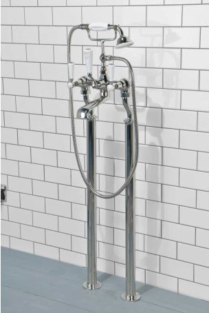 Linton Bath Shower Mixer with Standpipes White Lever Nickel 3/4BSP (For Baths Without Tap Holes Only)