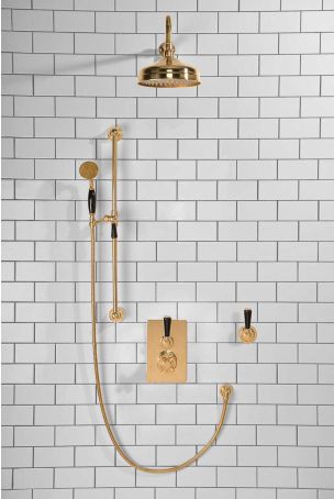 Calder Concealed Shower Valve Kit 8" Rose With Diverter Black Lever Polished Brass