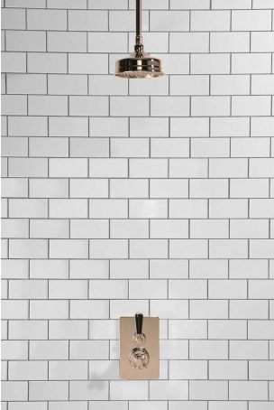 Calder Concealed Shower Valve, Shower Arm and 6" Ceiling Mounted Rose Polished Nickel Black Lever