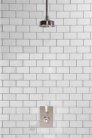 Calder Concealed Shower Valve, Shower Arm and 6" Ceiling Mounted Rose Chrome Plated White Lever