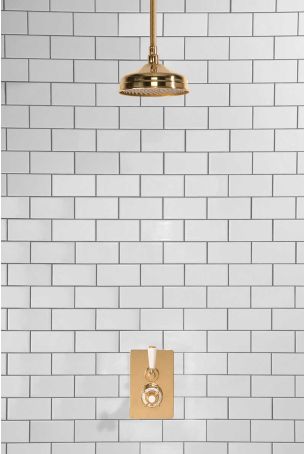 Calder Concealed Shower Valve, Shower Arm and 8" Ceiling Mounted Rose White Lever Polished Brass