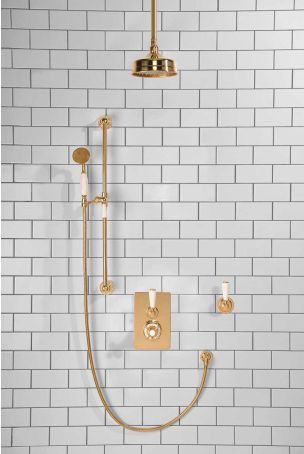 Calder Concealed Shower Valve Kit With Diverter And 6" Ceiling Mounted Rose White Lever Polished Brass