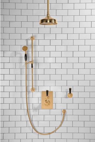 Calder Concealed Shower Valve Kit 8" Ceiling Mounted Rose With Diverter Black Lever Polished Brass