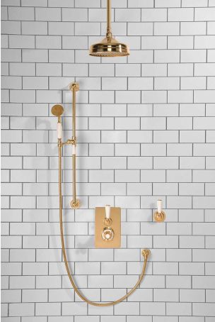 Calder Concealed Shower Valve Kit 8" Ceiling Mounted Rose With Diverter White Lever Polished Brass