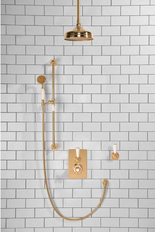 Calder Concealed Shower Valve Kit 8" Ceiling Mounted Rose With Diverter White Lever Polished Brass