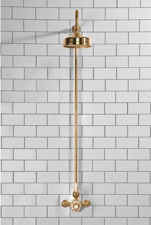 Calder Exposed Shower Valve, Rigid Riser and 6" Rose Polished Brass White Lever