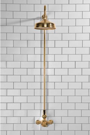 Calder Exposed Shower Valve, Rigid Riser and 8" Rose Polished Brass Black Lever