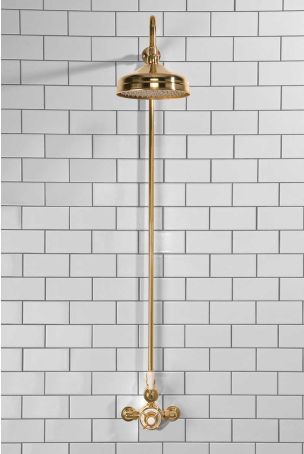 Calder Exposed Shower Valve, Rigid Riser and 8" Rose Polished Brass White Lever