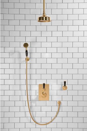 Calder Concealed Shower Valve Kit with Diverter and Hook Mount And 6" Ceiling Mounted Rose Black Lever Polished Brass