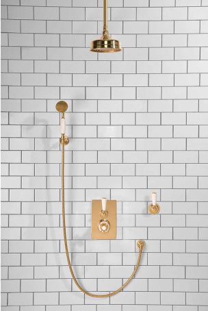 Calder Concealed Shower Valve Kit with Diverter and Hook Mount And 6" Ceiling Mounted Rose White Lever Polished Brass