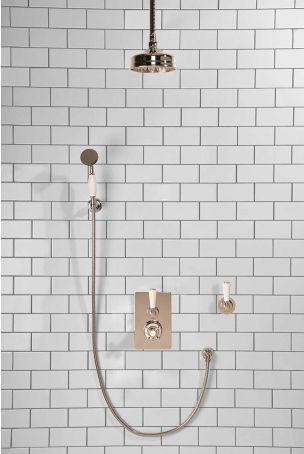 Calder Concealed Shower Valve Kit with Diverter and Hook Mount And 6" Ceiling Mounted Rose White Lever Polished Nickel