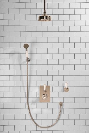 Calder Concealed Shower Valve Kit with Diverter and Hook Mount And 6" Ceiling Mounted Rose White Lever Polished Nickel