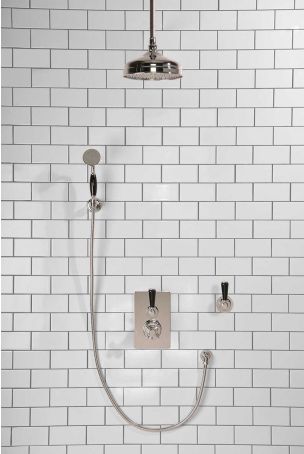 Calder Concealed Shower Valve Kit 8" Ceiling Mounted Rose with Diverter and Hook Mount Black Lever Chrome Plated
