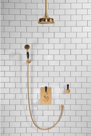 Calder Concealed Shower Valve Kit 8" Ceiling Mounted Rose with Diverter and Hook Mount Black Lever Polished Brass