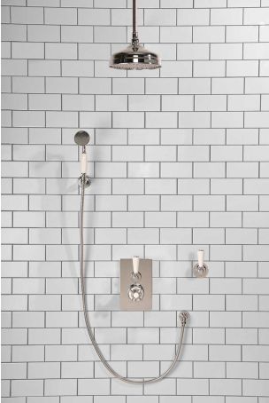 Calder Concealed Shower Valve Kit 8" Ceiling Mounted Rose with Diverter and Hook Mount White Lever Chrome Plated