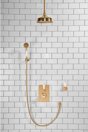 Calder Concealed Shower Valve Kit 8" Ceiling Mounted Rose with Diverter and Hook Mount White Lever Polished Brass