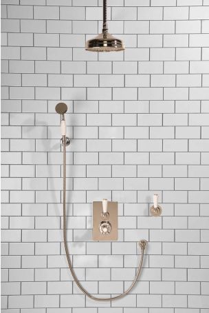 Calder Concealed Shower Valve Kit 8" Ceiling Mounted Rose with Diverter and Hook Mount White Lever Polished Nickel