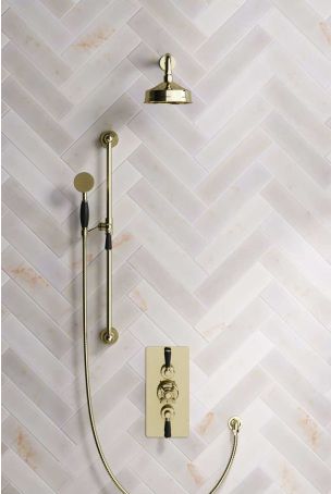 Calder Dual Outlet Shower Kit - Concealed Valve - 6 inch Rose - Black Ceramic Lever - Handshower Slider-Rail - Gold