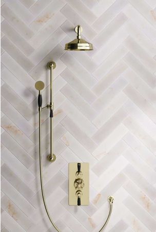 Calder Dual Outlet Shower Kit - Concealed Valve - 8 inch Rose - Black Ceramic Lever - Handshower Slider-Rail - Gold