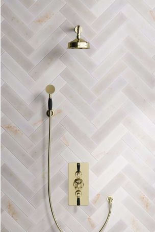 Calder Dual Outlet Shower Kit - Concealed Valve - 6 inch Rose - Black Ceramic Lever - Handshower Hook - Gold