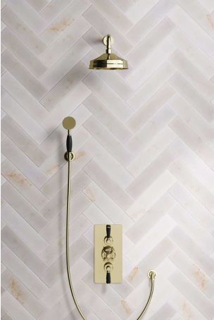 Calder Dual Outlet Shower Kit - Concealed Valve - 8 inch Rose - Black Ceramic Lever - Handshower Hook - Gold