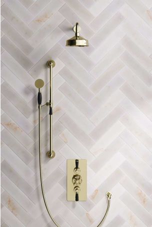 Calder Dual Outlet Shower Kit - Concealed Valve - 6 inch Rose - 500mm Shower Arm - Black Ceramic Lever - Handshower Slider-Rail - Gold