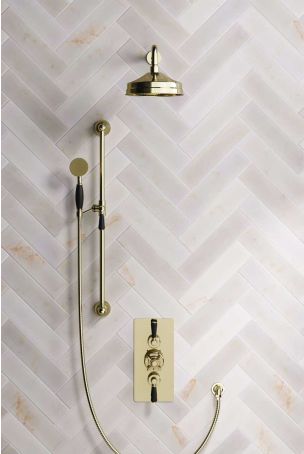 Calder Dual Outlet Shower Kit - Concealed Valve - 8 inch Rose - 500mm Shower Arm - Black Ceramic Lever - Handshower Slider-Rail - Gold