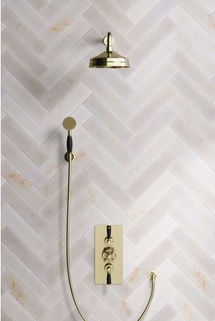 Calder Dual Outlet Shower Kit - Concealed Valve - 8 inch Rose - 500mm Shower Arm - Black Ceramic Lever - Handshower Hook - Gold