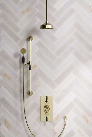 Calder Dual Outlet Shower Kit - Concealed Valve - 6 inch Rose - Black Ceramic Lever - Handshower Slider-Rail - Ceiling Mounted Rose - Gold