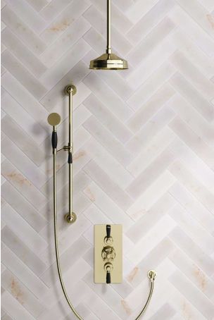 Calder Dual Outlet Shower Kit - Concealed Valve - 8 inch Rose - Black Ceramic Lever - Handshower Slider-Rail - Ceiling Mounted Rose - Gold