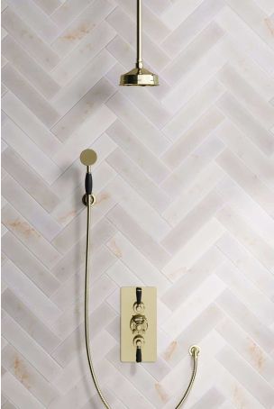 Calder Dual Outlet Shower Kit - Concealed Valve - 6 inch Rose - Black Ceramic Lever - Handshower Hook - Ceiling Mounted Rose - Gold