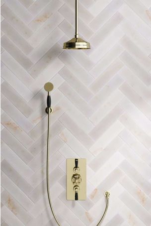 Calder Dual Outlet Shower Kit - Concealed Valve - 8 inch Rose - Black Ceramic Lever - Handshower Hook - Ceiling Mounted Rose - Gold