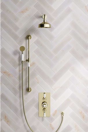 Calder Dual Outlet Shower Kit - Concealed Valve - 6 inch Rose - White Ceramic Lever - Handshower Slider-Rail - Gold