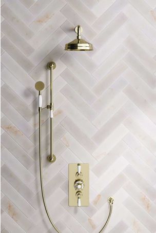 Calder Dual Outlet Shower Kit - Concealed Valve - 8 inch Rose - White Ceramic Lever - Handshower Slider-Rail - Gold