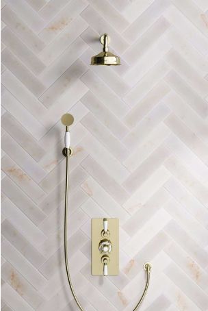 Calder Dual Outlet Shower Kit - Concealed Valve - 6 inch Rose - White Ceramic Lever - Handshower Hook - Gold