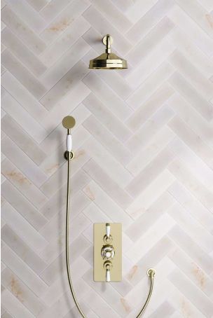 Calder Dual Outlet Shower Kit - Concealed Valve - 8 inch Rose - White Ceramic Lever - Handshower Hook - Gold
