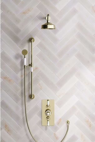 Calder Dual Outlet Shower Kit - Concealed Valve - 6 inch Rose - 500mm Shower Arm - White Ceramic Lever - Handshower Slider-Rail - Gold