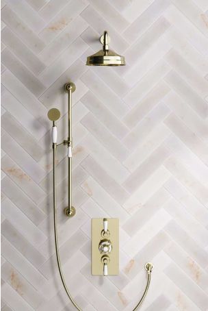 Calder Dual Outlet Shower Kit - Concealed Valve - 8 inch Rose - 500mm Shower Arm - White Ceramic Lever - Handshower Slider-Rail - Gold