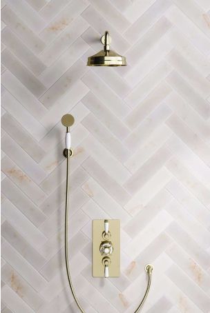 Calder Dual Outlet Shower Kit - Concealed Valve - 8 inch Rose - 500mm Shower Arm - White Ceramic Lever - Handshower Hook - Gold