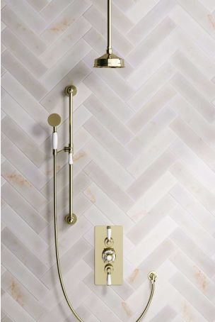 Calder Dual Outlet Shower Kit - Concealed Valve - 6 inch Rose - White Ceramic Lever - Handshower Slider-Rail - Ceiling Mounted Rose - Gold