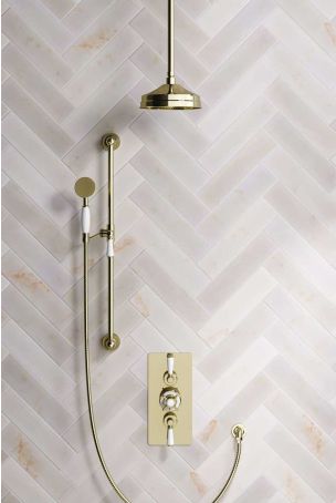 Calder Dual Outlet Shower Kit - Concealed Valve - 8 inch Rose - White Ceramic Lever - Handshower Slider-Rail - Ceiling Mounted Rose - Gold