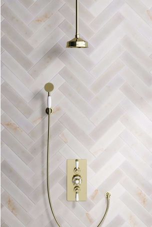 Calder Dual Outlet Shower Kit - Concealed Valve - 6 inch Rose - White Ceramic Lever - Handshower Hook - Ceiling Mounted Rose - Gold