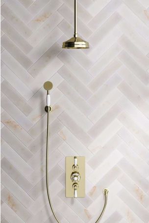 Calder Dual Outlet Shower Kit - Concealed Valve - 8 inch Rose - White Ceramic Lever - Handshower Hook - Ceiling Mounted Rose - Gold