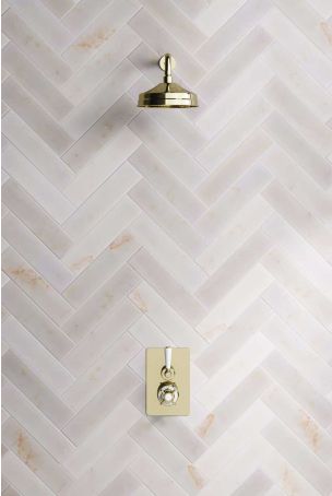 Calder Concealed Shower Valve, Shower Arm and 8" Rose White Lever Gold