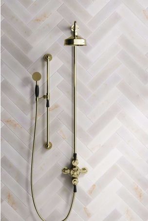 Calder Dual Outlet Shower Kit - Exposed Valve - 6 inch Rose - Black Ceramic Lever - Handshower Slider-Rail - Gold