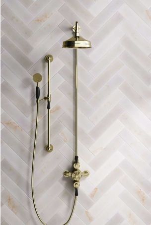 Calder Dual Outlet Shower Kit - Exposed Valve - 8 inch Rose - Black Ceramic Lever - Handshower Slider-Rail - Gold