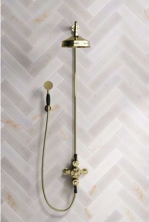 Calder Dual Outlet Shower Kit - Exposed Valve - 8 inch Rose - Black Ceramic Lever - Handshower Hook - Gold